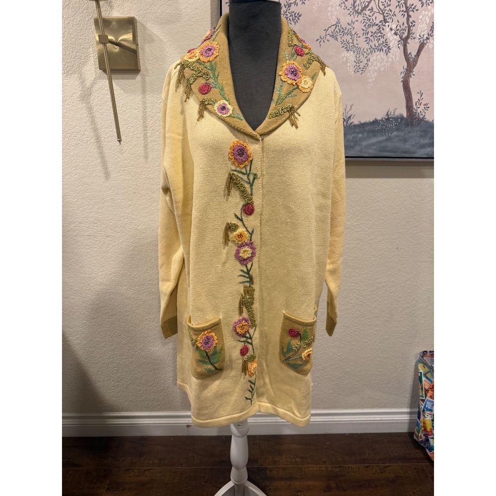 Storybook Knits Floral Embroidered Beaded Cardigan Sweater‎ Yellow 1X Vintage